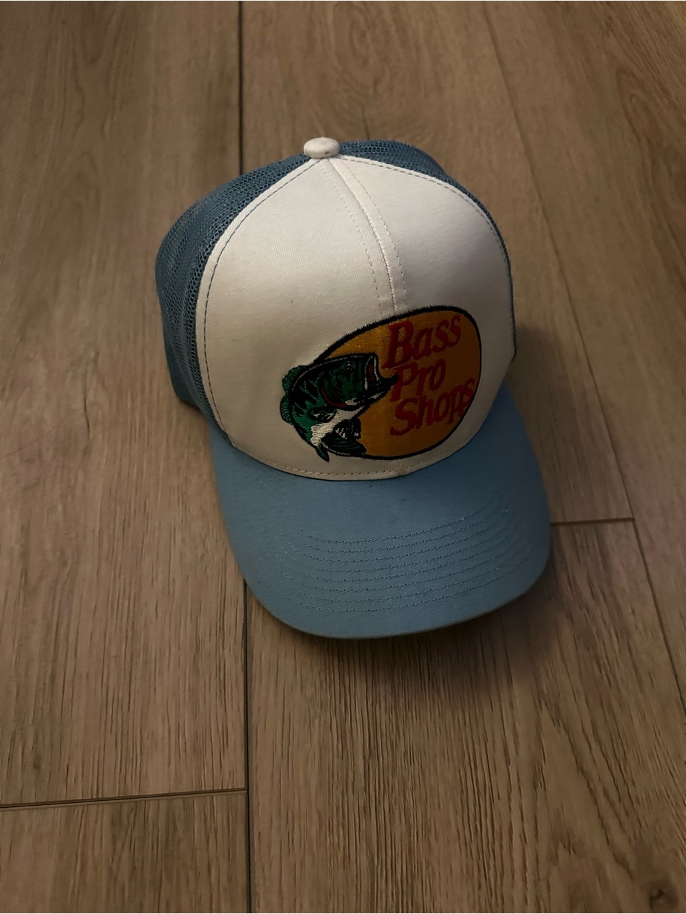 Bass Pro Shops White Front Light Blue Mesh Trucker Hat
